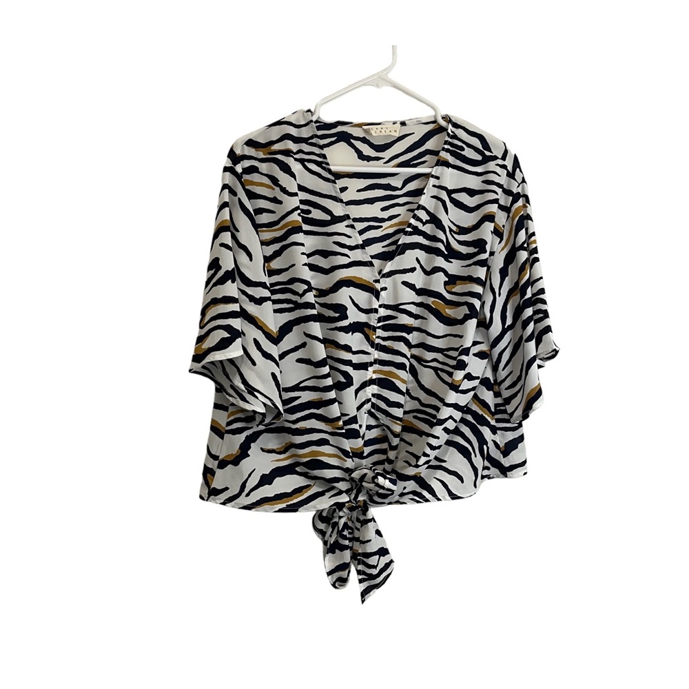 Berry N Cream Zebra Animal Print Wide Sleeve Tie Knot Top Blouse Womens Size M